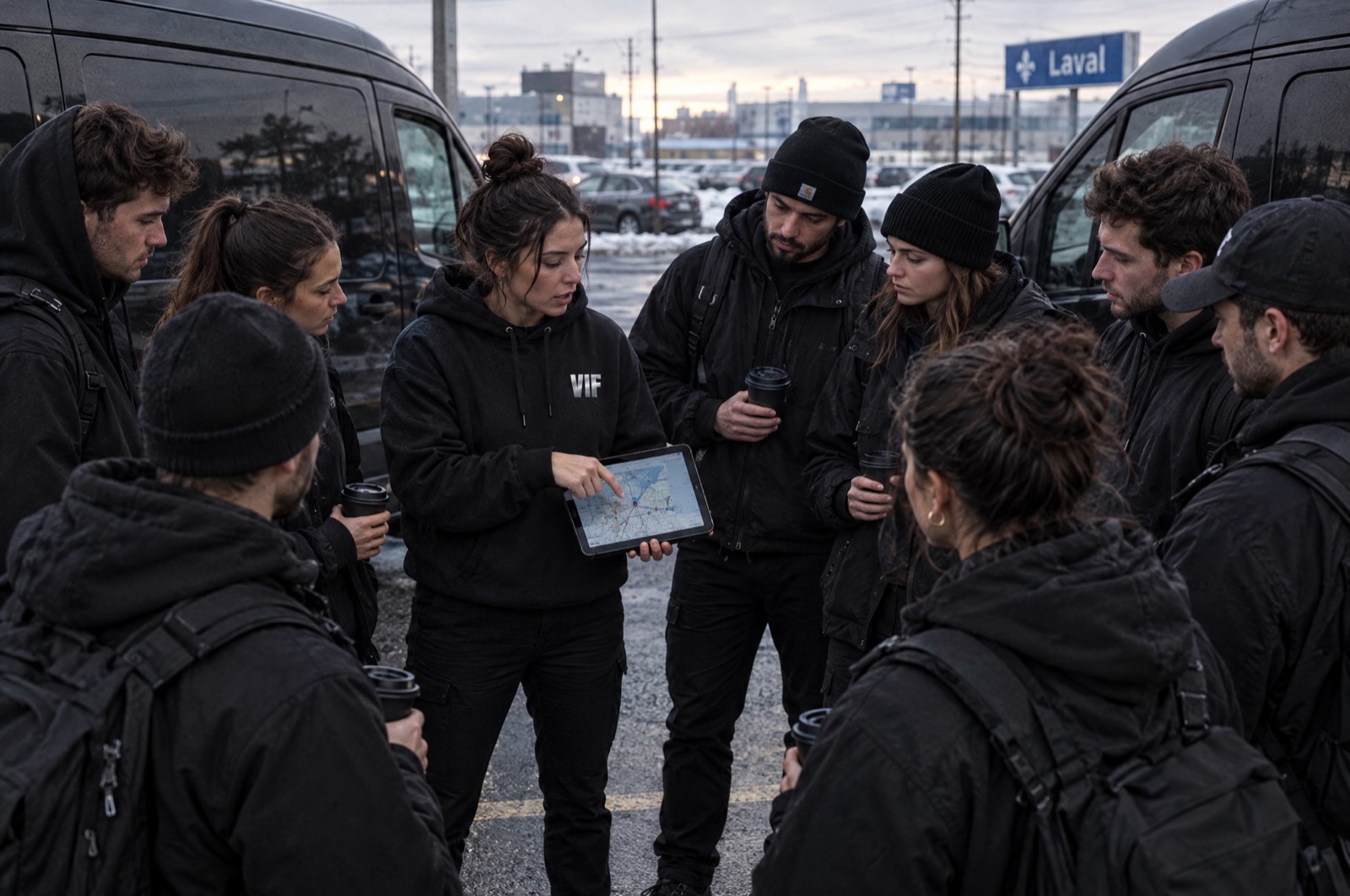 Une leader brief son équipe dans un stationnement